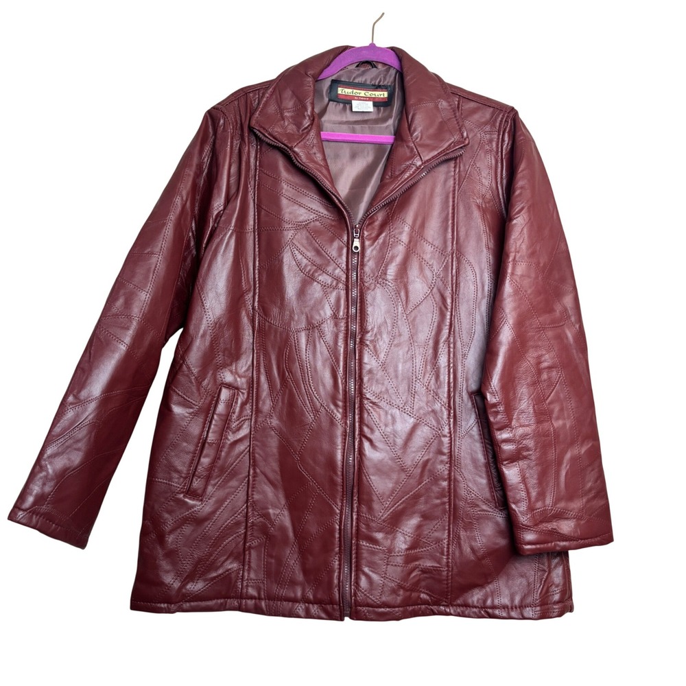Tudor Court Leather Jacket Womens XL Burgundy Brown Patchwork Neutral‎ Vintage